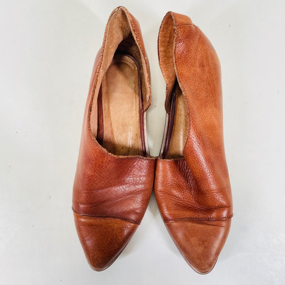 Handcrafted Cognac Brown Leather d'Orsay Pointed Toe Flats Size 38 Made in Spain - Picture 3 of 8
